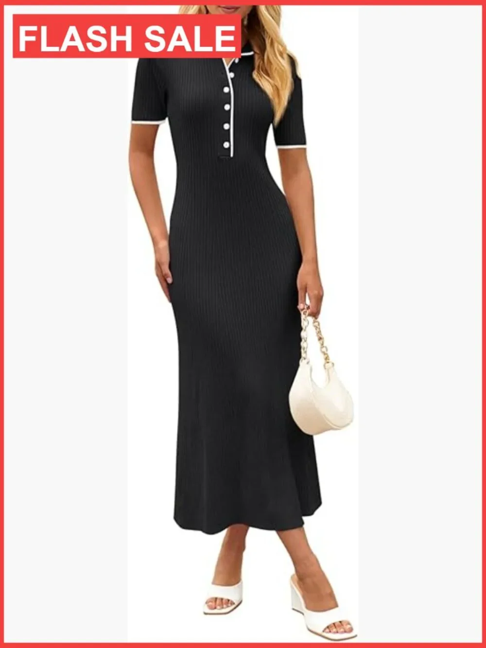 Ribbed Knit Maxi Dress V-Neck Button Front Bodycon Sweater Dress